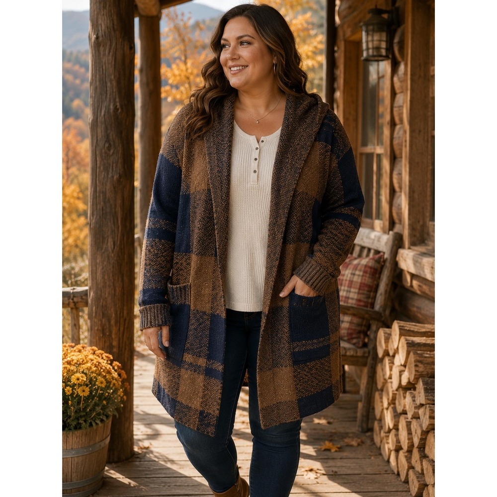 Absolutely Famous Brown Navy Plaid Hooded Open Front Cardigan Sweater 2X Plus